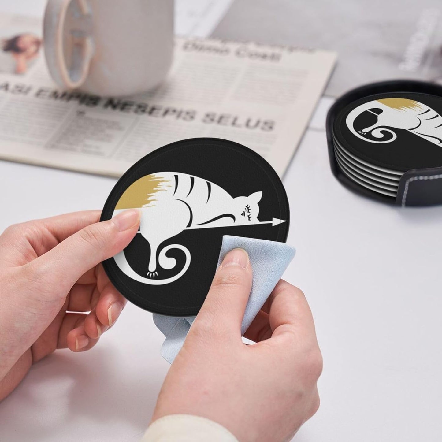 Funny Cat Print Leather Drink Coasters Set of 6 with Holder Round Cup Coaster for Table Decor