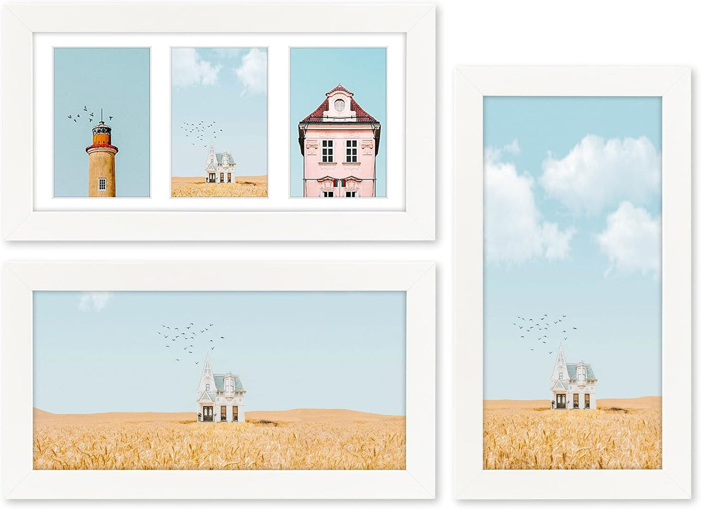 Golden State Art, Set of 10, 7x14 White Photo Wood Collage Frame with Mat Displays (3) 4"x6" Pictures