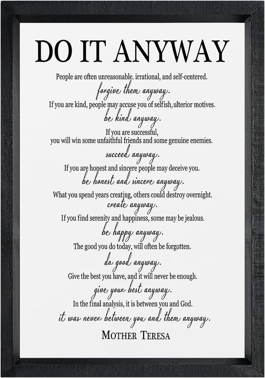 comurdyo Do It Anyway Wall Decor 16"x11" Mother Theresa Quotes Inspirational Sign Bible Verse Christian Motivational Modern Bedroom Vintage Wood Framed Farmhouse Wall Hanging Art (Black)