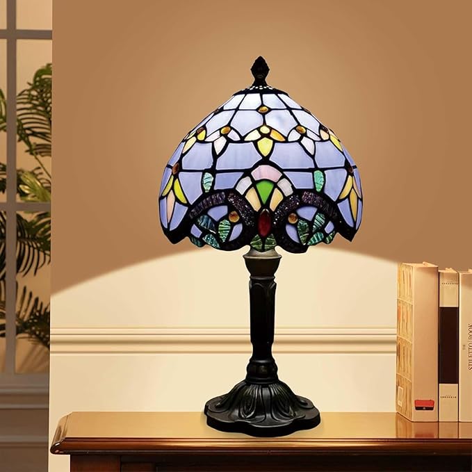 Tiffany Style Table Lamp 8'', Purple Tiffany Table Lamp for Bedroom Study Office Home Stained Glass Lamp