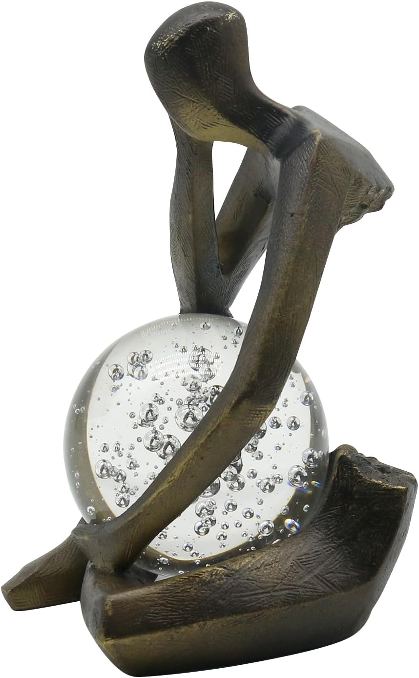 Lukitas Resin Thinker Statue - Holding Crystal Ball Sculpture, Modern Abstract Collectible Figurine for Home Office Bookshelf Decor, Bronze 7.5''