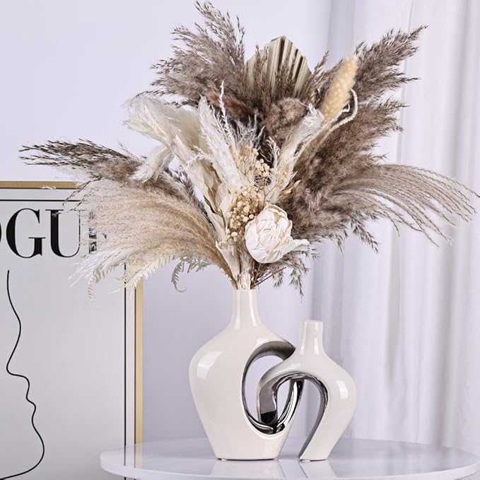 White and Silver Hollow Ceramic Vase Set of 2, Modern Nordic Boho ins Style Aesthetic Decorative Flower Vase for Home Decor, Wedding, Living, Bedroom, Dining Table, Shelf, Mantle, Office Decor