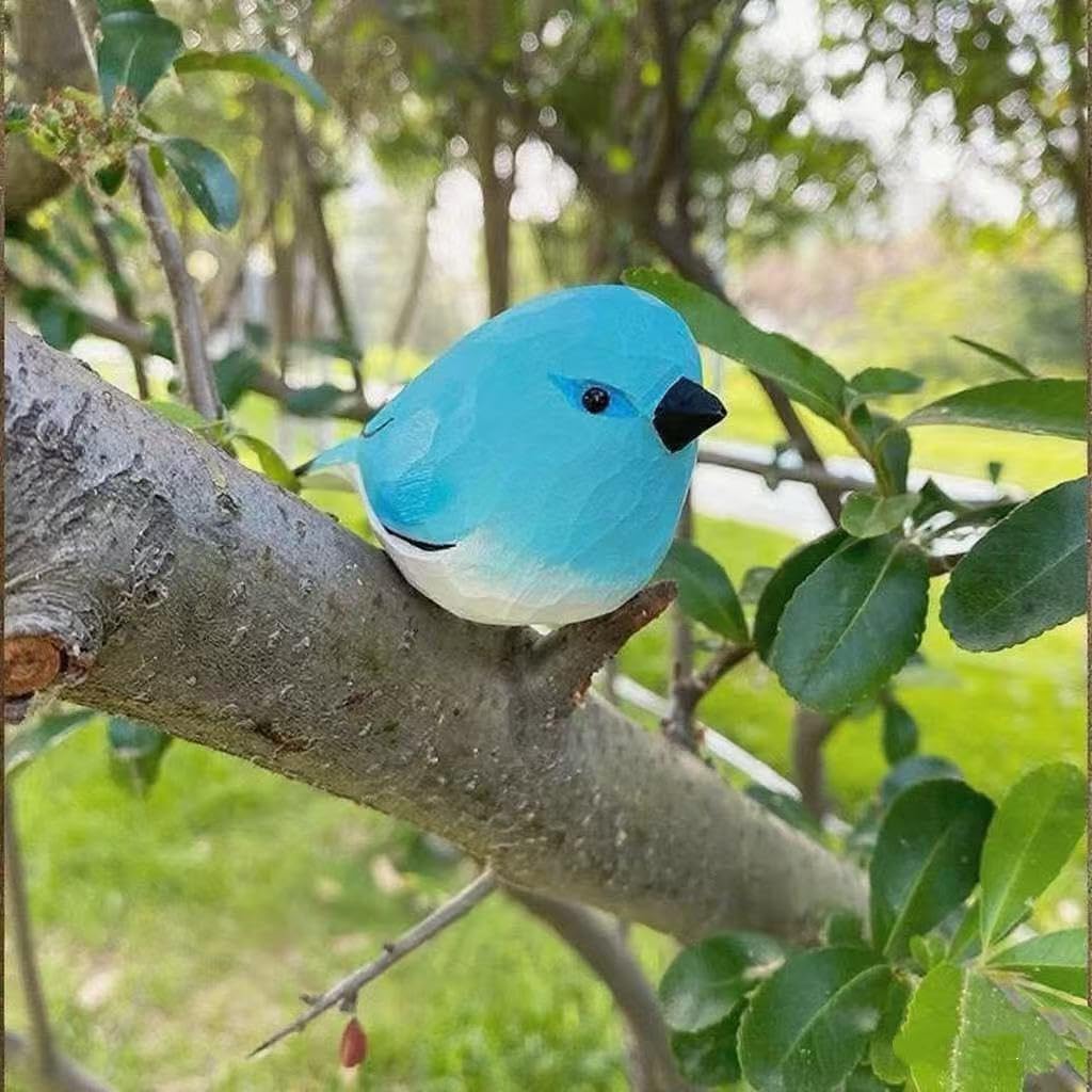 Handmade Wooden Blue Robin Figurine – 3.7" Carved & Hand-Painted Bird Statue, Desktop & Home Decor, Rustic Art, Gift for Bird Lovers
