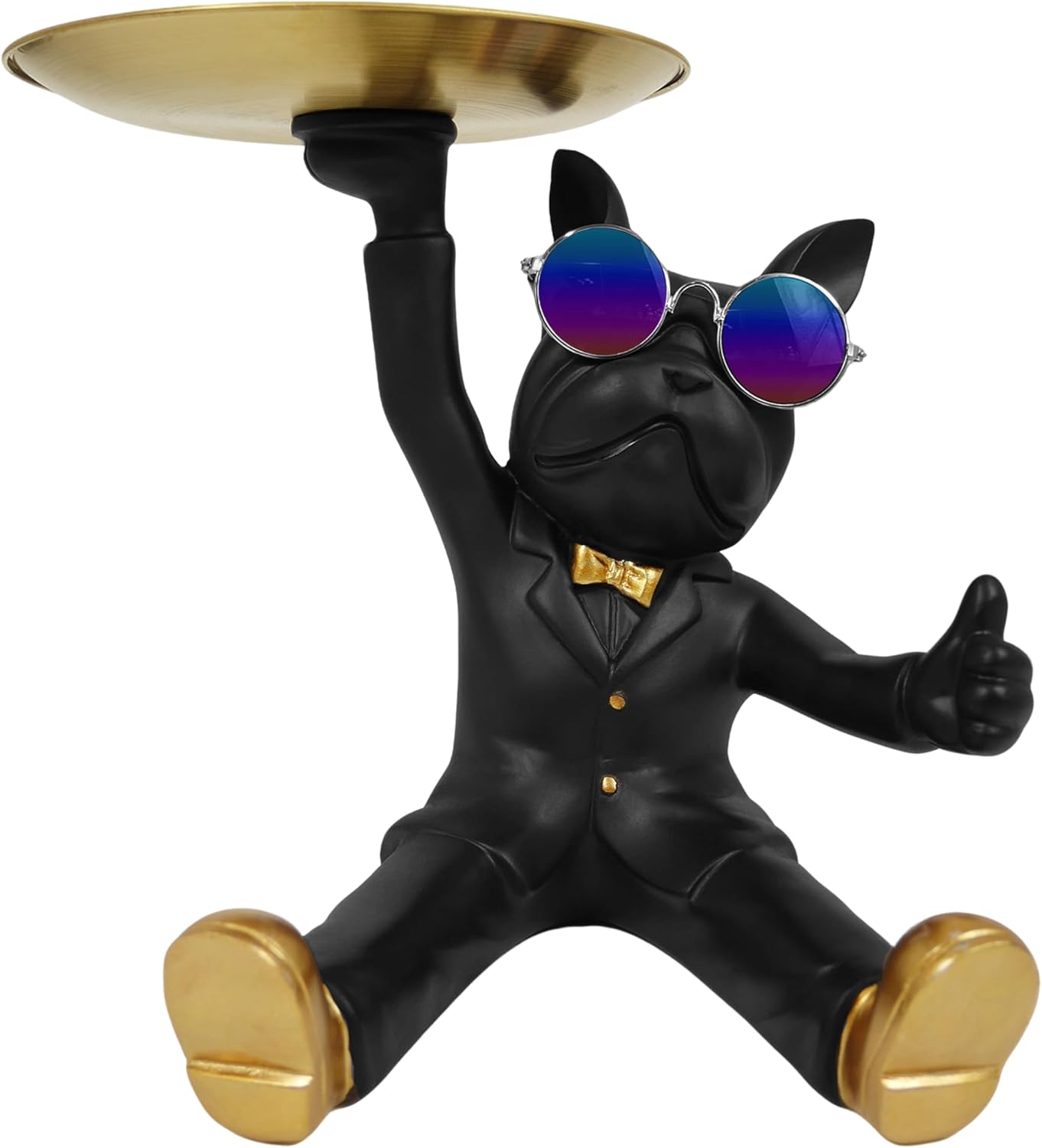 French Bulldog Tray Statue, Black Frenchie Sculpture with Gold Tray for Entrance Coffee Table Décor, Dog Key Holder Jewelry Trays