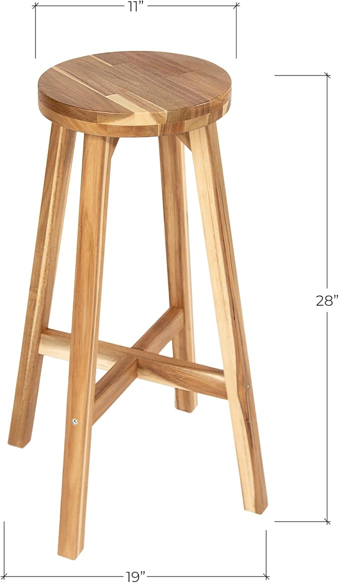 Round Stool Acacia Wood, 28" Height, 11" Round Top, Backless, Easy Assembly, Natural Wax Finish, Wooden Stool for Plant, Dining Room, Living Room, Garden, Makeup