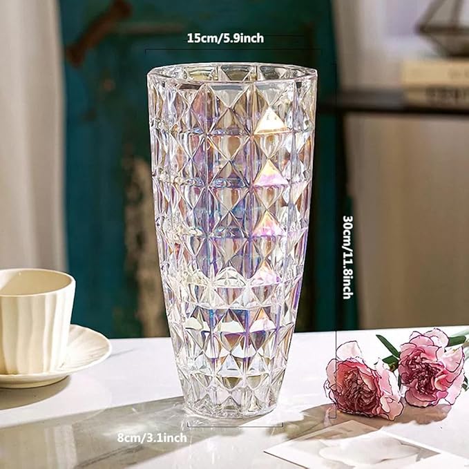 Unique Diamond-Shaped Colorful Glass Flower Vase 11.8" Tall for Home Decor, Dining Wedding Table Office Holiday Party Centerpiece Decoration.