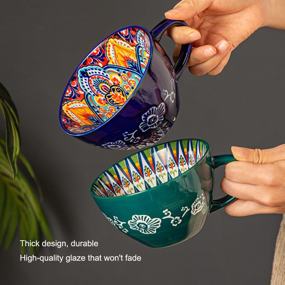 Bohemian Hand-Painted Ceramic Mug, 15 Oz Large Coffee Cup for Milk, Tea, and Breakfast, Dishwasher & Microwave Safe Artisan Cup, Mug Green-A