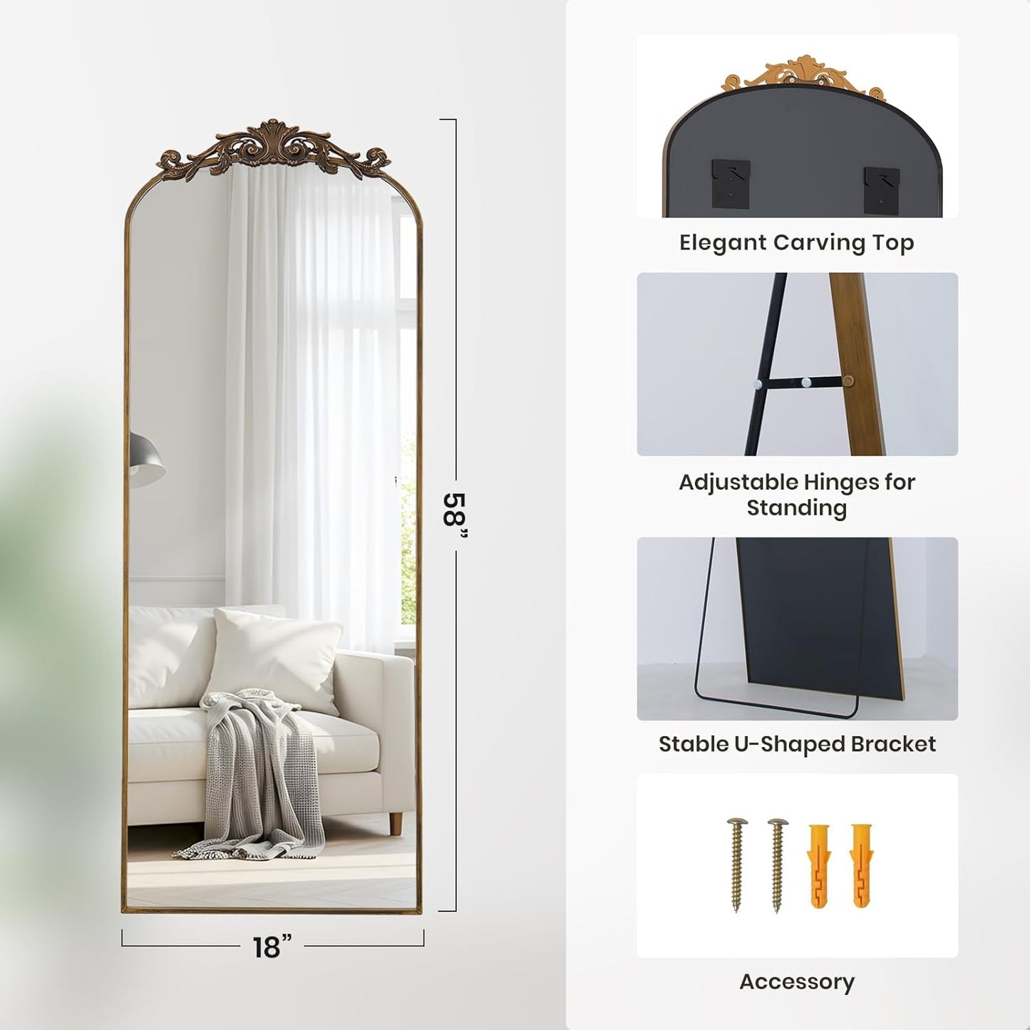 Filigree Floor Mirror 18"x58" Full Length Mirror Freestanding with Vintage Ornate Carved Applique Full Body Hanging Wall Mounted Mirror for Living Room Bedroom Retro Home Decor, Bronze