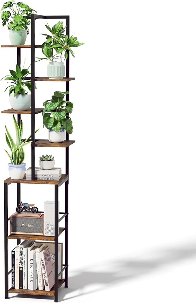 Plant Stand Indoor with Grow Light, 7-Tiered Tall Plant Stand Indoor, Metal Plant Shelf with Bookshelf Bookcase and Adjustable Light, Ideal for Living Room, Reading room, Garden, Patio (Brown)