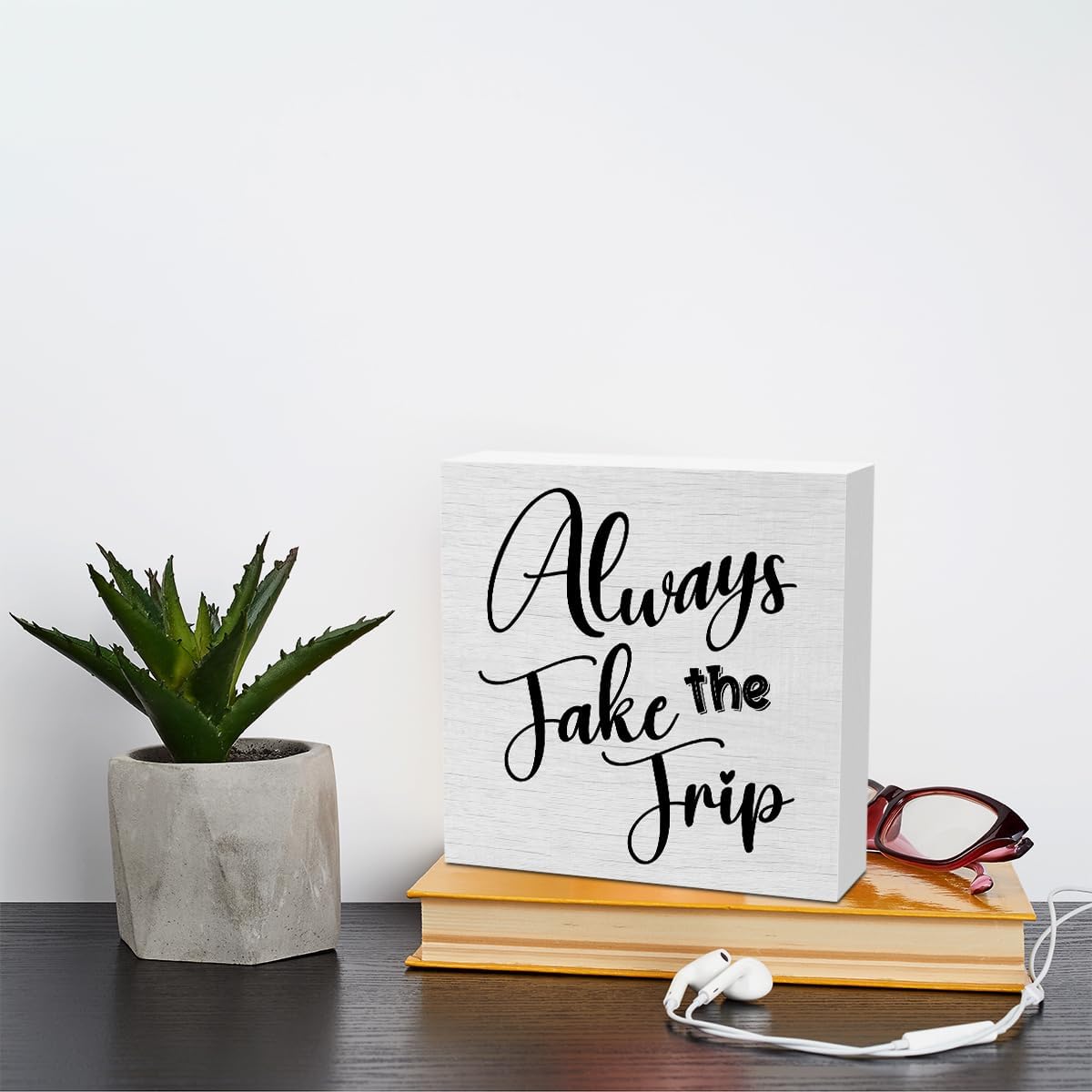 Funny Trip Travel Essentials Rustic Wooden Box Sign, Desk Decor Inspirational Adventurer Gift Office Desk Accessories for Table Shelf Home Classroom Cubicle Decorations Wood Block Box Traveler Sign