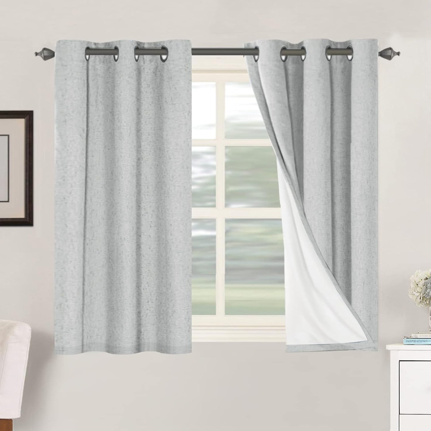 H.VERSAILTEX 100% Blackout Curtains for Bedroom Thermal Insulated Linen Textured Curtains Heat and Full Light Blocking Drapes Living Room Curtains 2 Panel Sets, 42x45 Inch, Glacier Gray