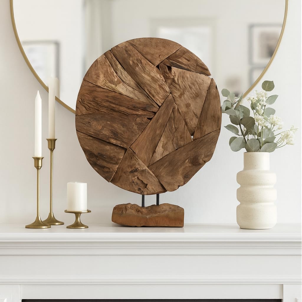 Decorative Home and Office Sculpture – Artistic Round Wooden Accent Perfect for Living Room, Bathroom, and Coffee Table Decor – Unique Rustic Home Statue and Ornament for Shelf Display – 24" Brown