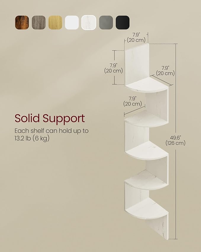 VASAGLE Corner Shelf Wall Mount, 5-Tier Floating Corner Bookshelf, Plant Shelf for Bedroom, Living Room, Bathroom, Home Office, Rustic White