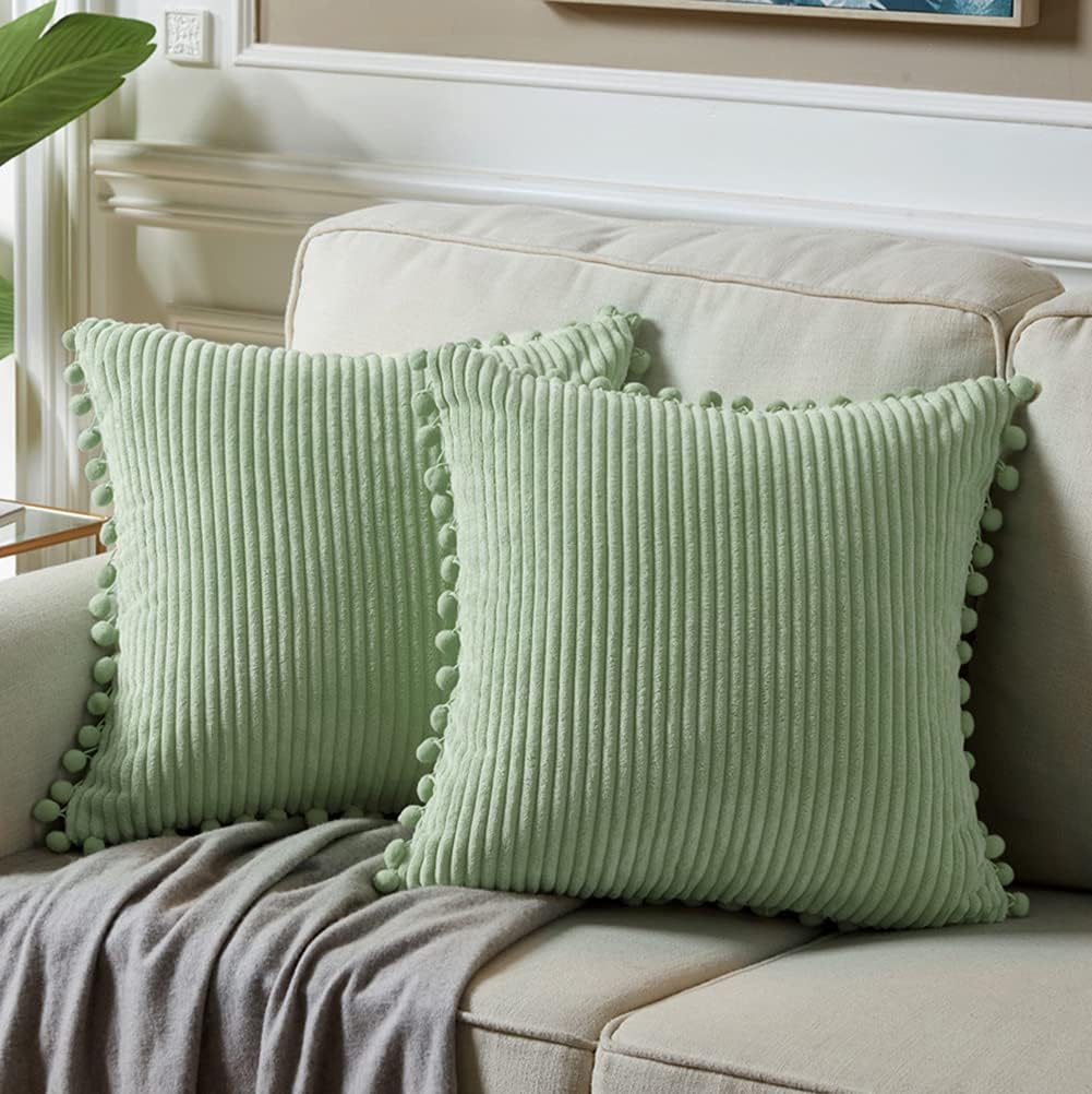 Fancy Homi Pack of 2 Sage Green Decorative Throw Pillow Covers 22x22 Inch with Pom-poms, Soft Corduroy Solid Square Cushion Case for Couch Sofa Bedroom Car Living Room 55x55 cm