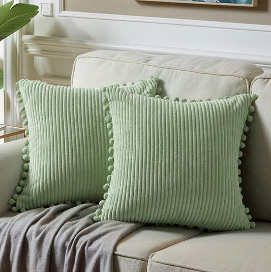 Fancy Homi Set of 2 Sage Green Decorative Throw Pillow Covers 12x12 Inch with Pom-poms for Couch Bed Sofa, Modern Farmhouse Boho Home Decor, Soft Plush Corduroy Cute Cushion Case 30x30 cm