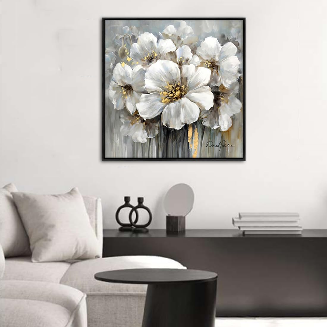 Living Room Flowers Wall Art White and Gray Floral Pictures with Gold on Canvas for Home Decor Framed 36" x 36", Solid Wood Framed