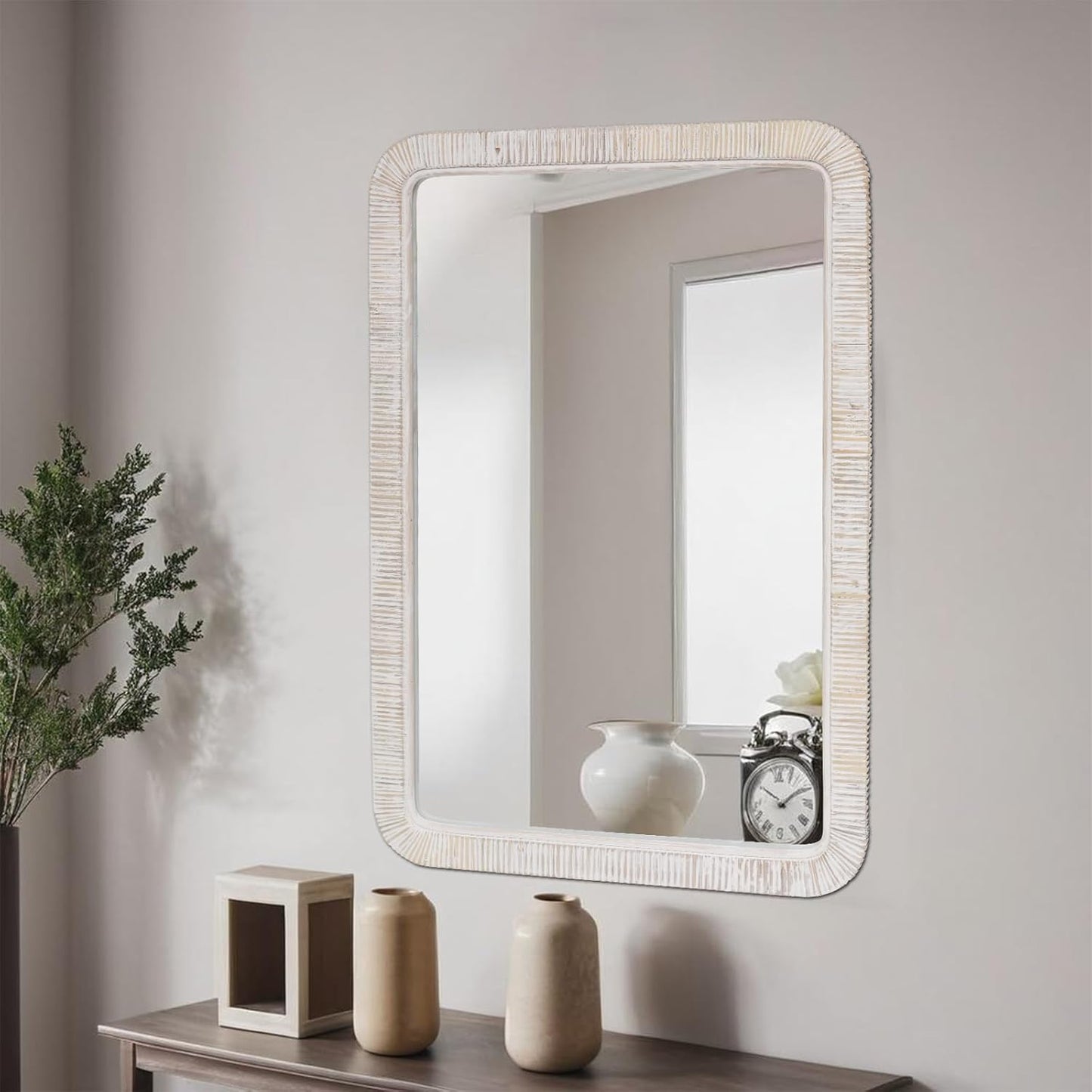 FUIN 20" x 30" Rattan Wicker Rectangle Wall Mounted Bathroom Mirror for Coastal Boho Nursery Decor, White Wash