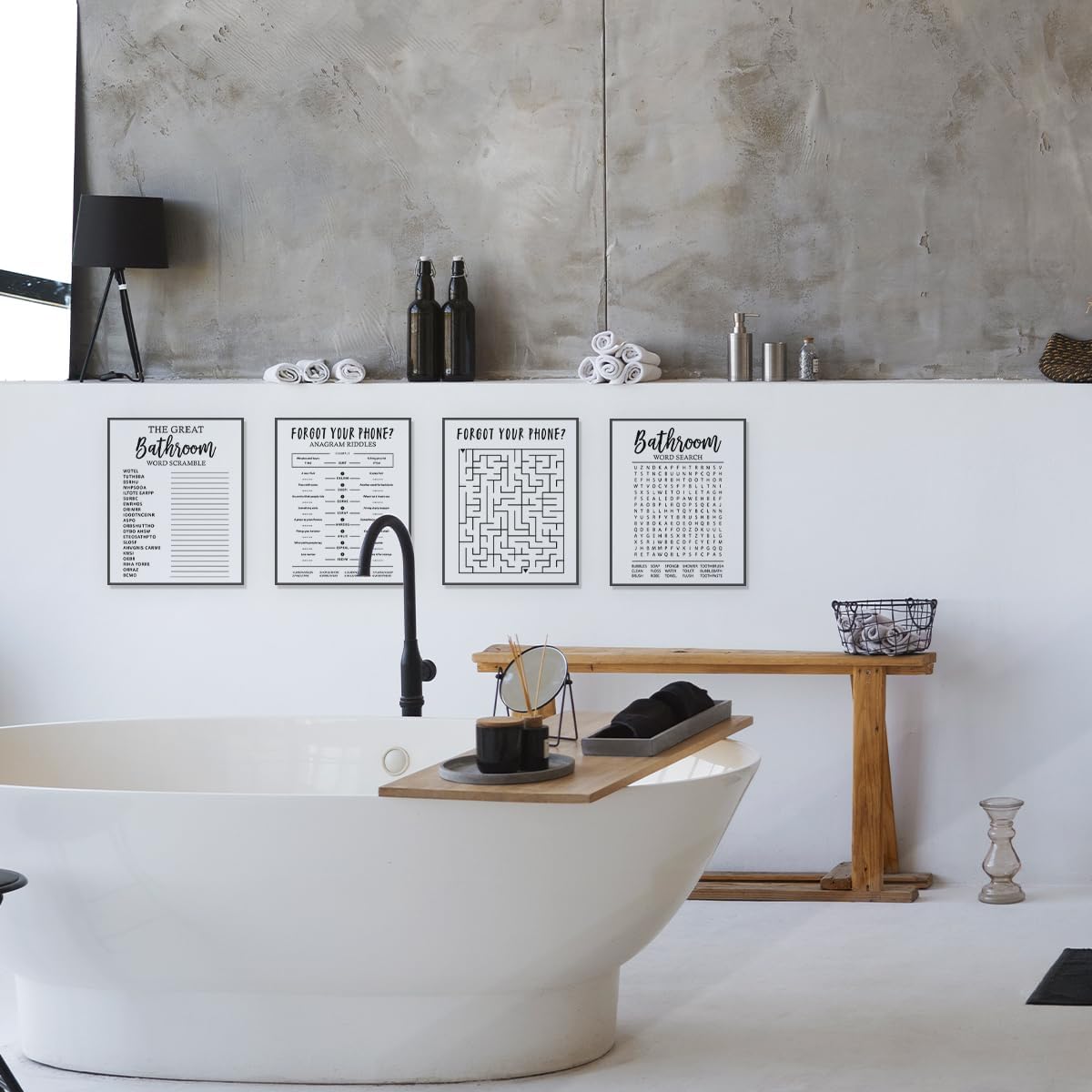ETVISO Funny Bathroom Decor Wall Art Set of 4, Funny Crossword Puzzle Wall Art, Funny Forget Your Phone, Bathroom Word Search Wall Decor, 8x10 (Unframed)