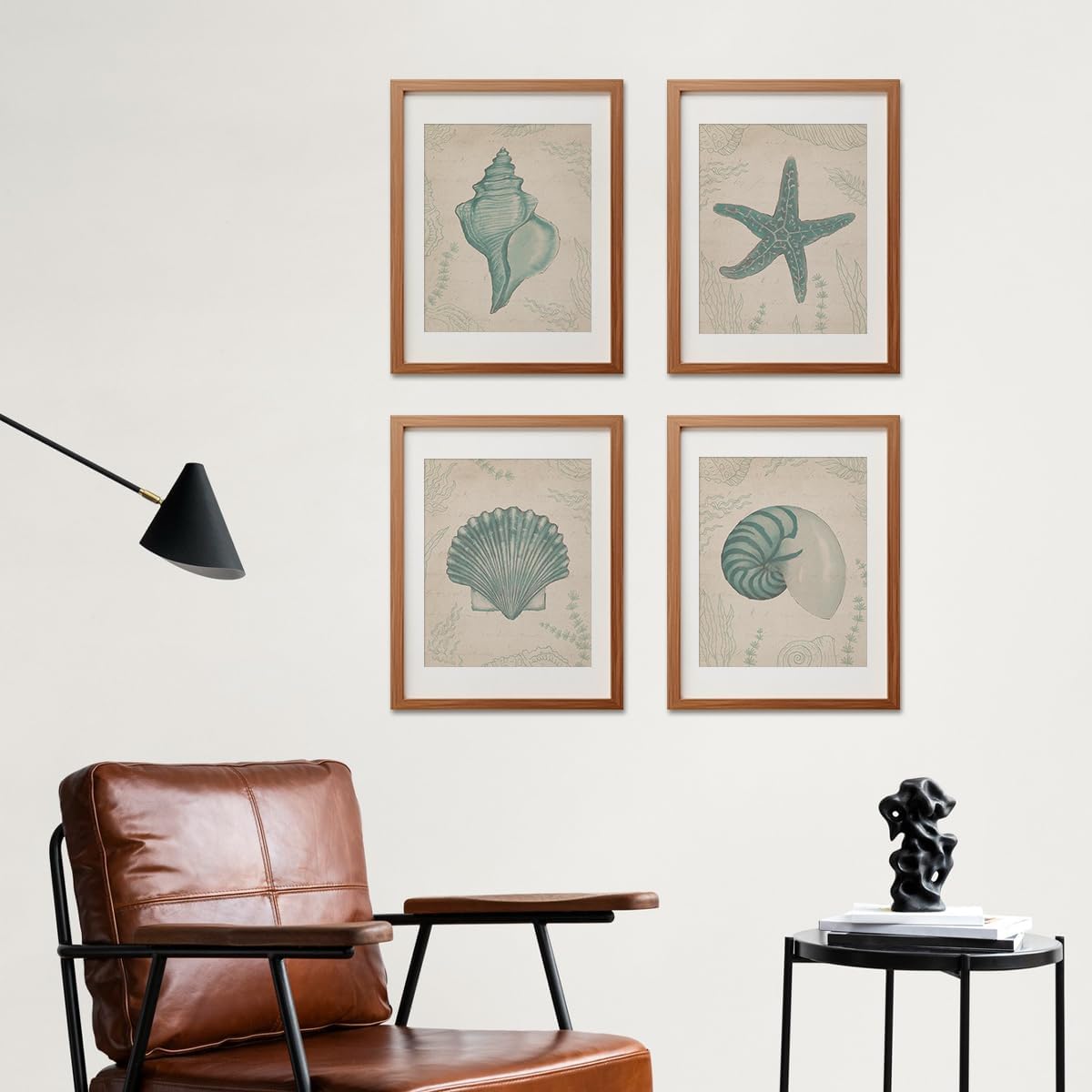 ETVISO Vintage Coastal Wall Art Set of 4, Bathroom Wall Decor, Starfish Seashell Conch Wall Decor, Ocean Theme Decor for Farmhouse Bathroom Coastal Kitchen, 8x10 (Unframed)