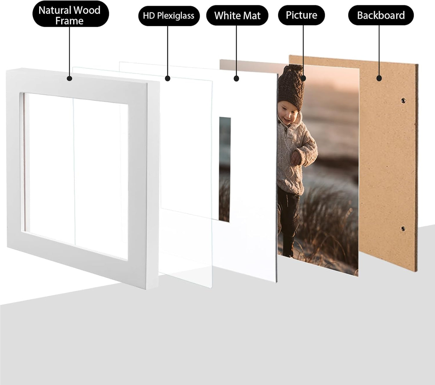 KINLINK 5x5 Picture Frame, White Square Solid Wood Frames for Pictures 4x4 with Mat or 5x5 without Mat, Wall and Tabletop Display Photo Frames White 4 Pack