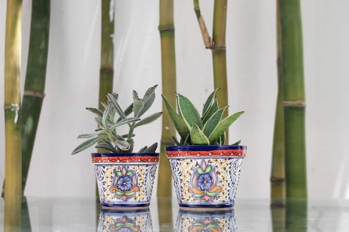 Fiesta Brands Talavera Mexican Pottery Planters Medium and Small Cobalt Talavera Succulent Planter Set of 2 (6 in Diam x 4.5 in Tall and 5 in Diam x 4 in Tall)