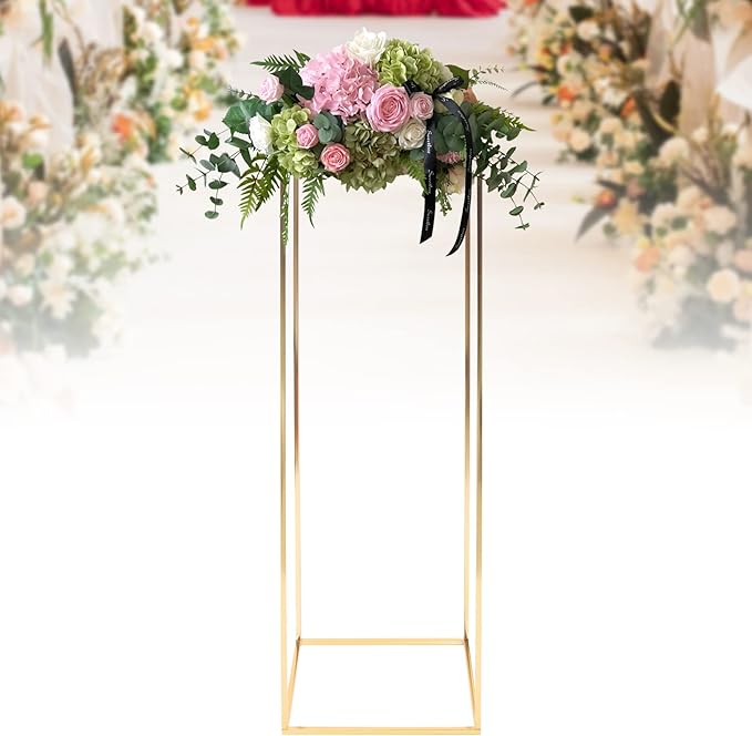 1 Pcs Metal Flower Stand for Wedding Centerpieces Stand Column Vases Wedding Flower Stand Rectangular Geometric Gold Centerpieces Stands for Wedding Decorations Home Party Event (39.37inch)