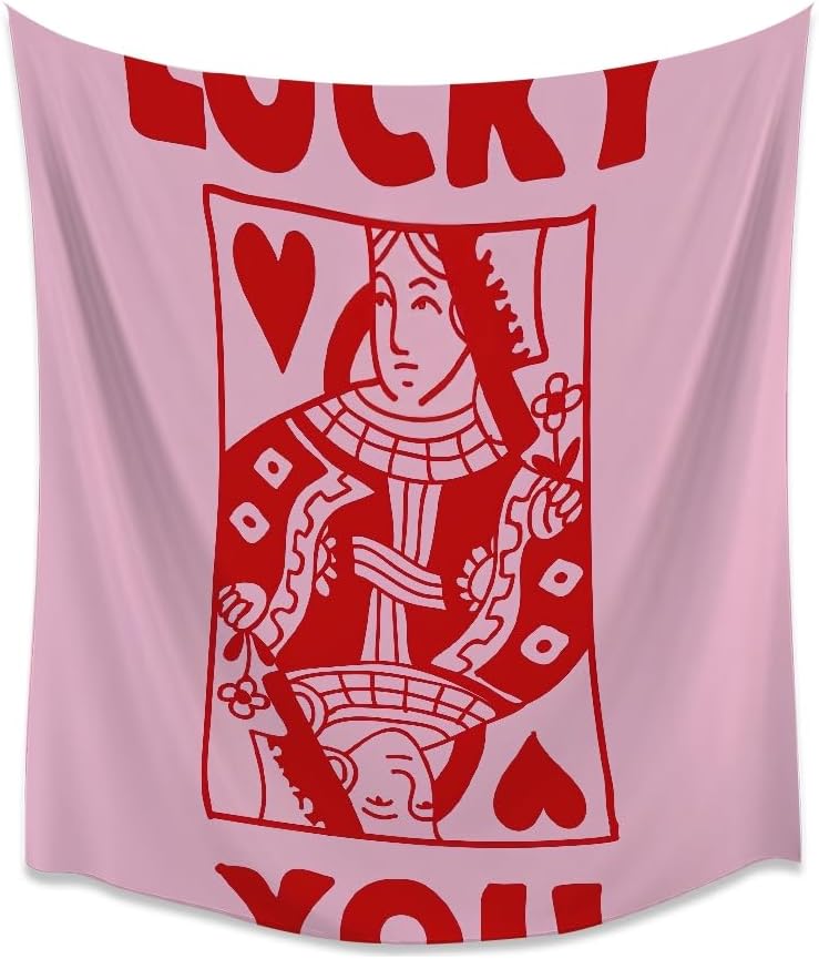 Medpol Retro Lucky You Playing Card Tapestry, Pink Queen of Hearts Wall Hanging, Funky Poker Aesthetic Decor for College Dorm Bedroom Living Room 30x40inch