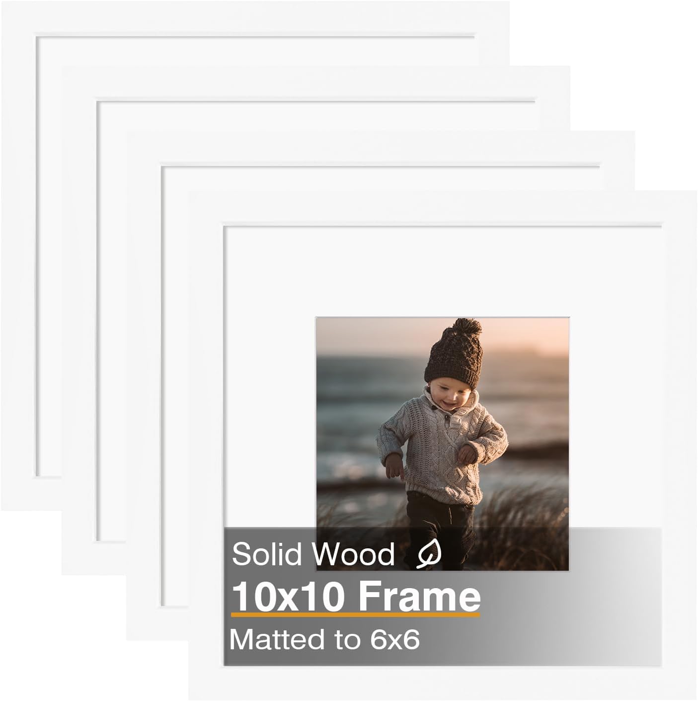 KINLINK 10x10 Picture Frame, White Square Solid Wood Frames for Pictures 6x6 with Mat or 10x10 without Mat, Wall and Tabletop Display Photo Frames White 4 Pack