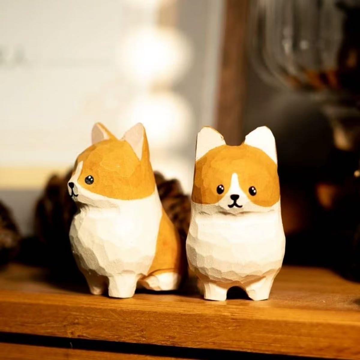 Handmade Wooden Corgi Figurine – Small 1.4" Carved Dog Statue with Round Base, Cute Desk or Shelf Decor, Unique Collectible Pet Memorial and Thoughtful Gift for Dog Lovers