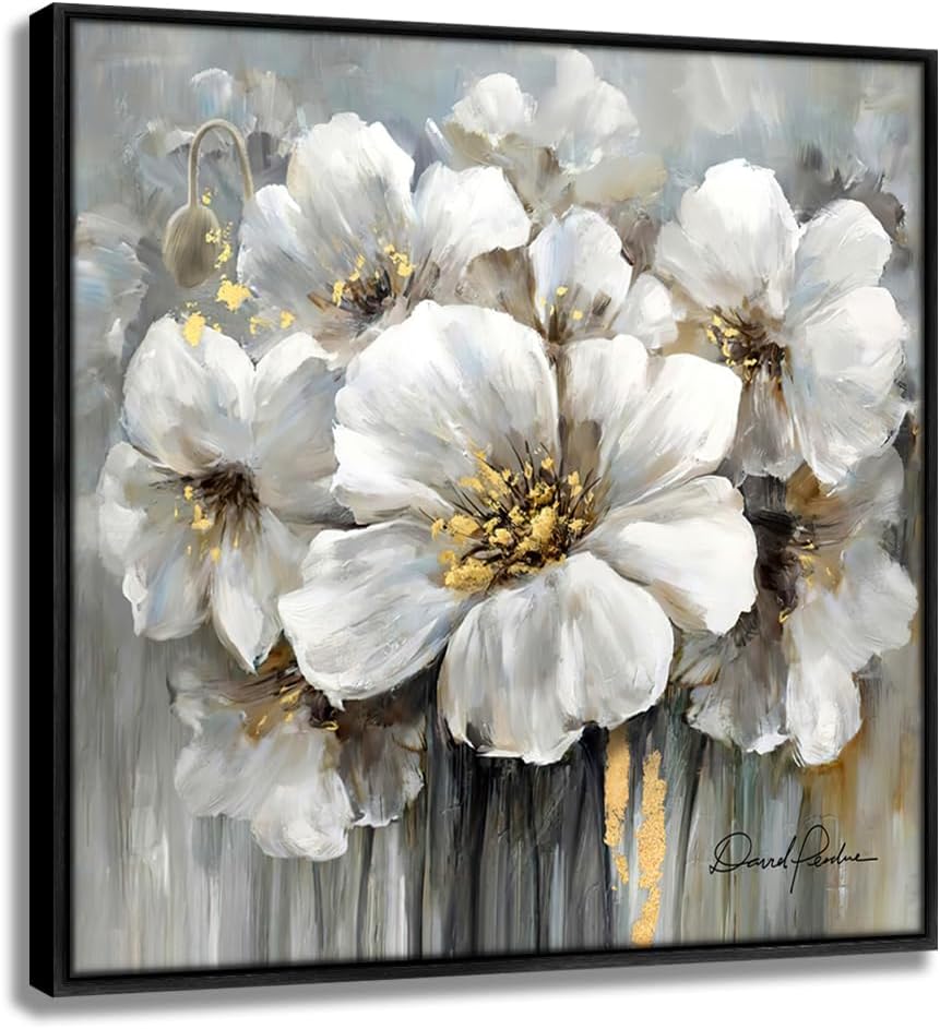 Living Room Flowers Wall Art White and Gray Floral Pictures with Gold on Canvas for Home Decor Framed 36" x 36", Solid Wood Framed