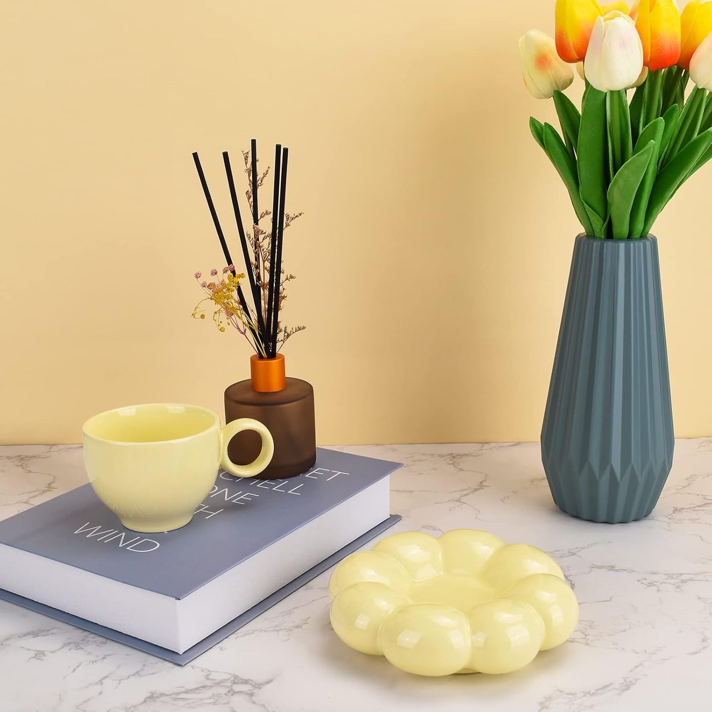 Koythin Ceramic Coffee Mug with Saucer Set, Creative Cute Cup with Sunflower Coaster for Office and Home, Dishwasher and Microwave Safe, 6.5 oz/200 ml for Tea Latte Milk (Lemon Yellow)