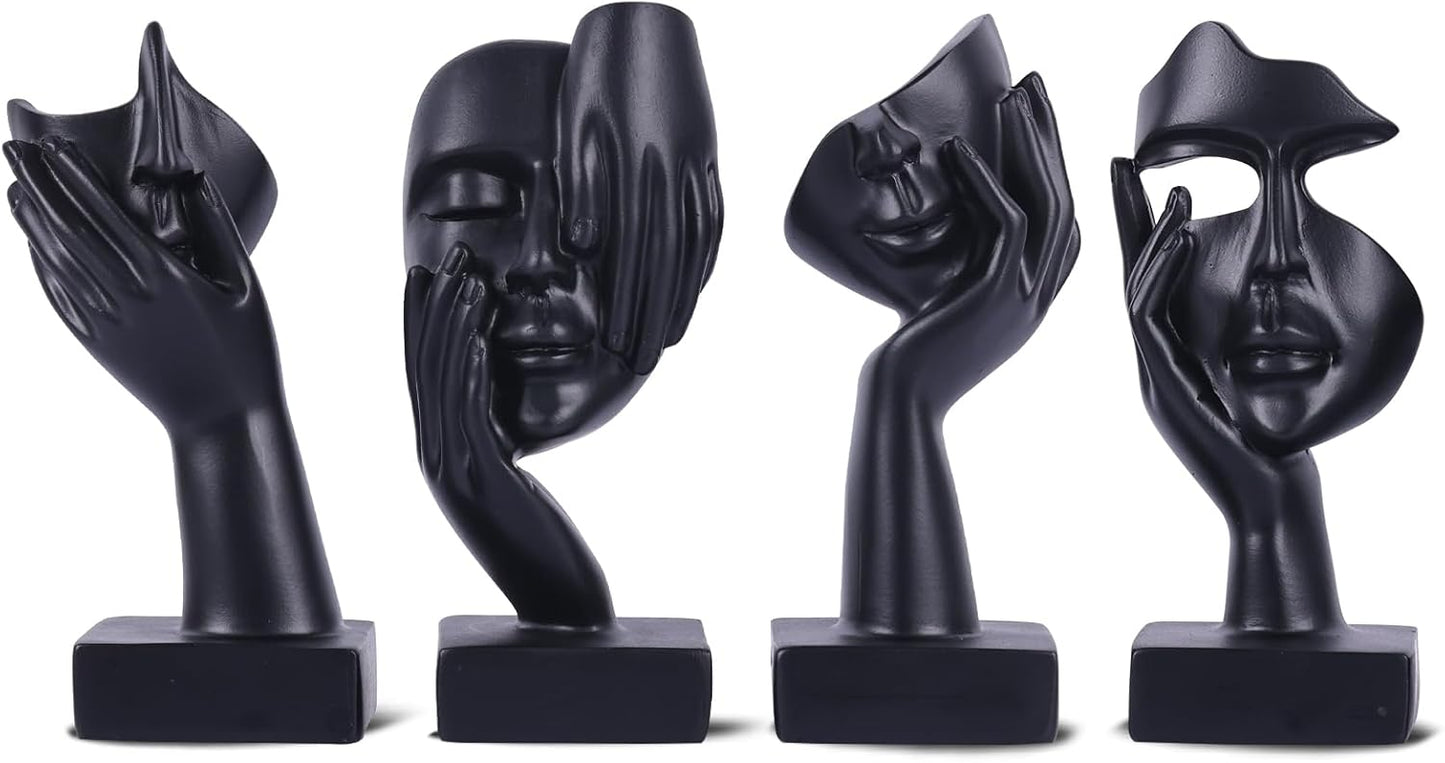 Black Abstract Thinker Figurine Set of 4, Home Art Face Small Statue for Accents Decor Women Bedroom Shelf Bookcase Room Desk, TV Stand, Coffee Table Decor, for Women Art Decor Gifts (Black)