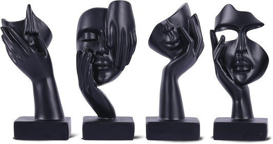 Black Abstract Thinker Figurine Set of 4, Home Art Face Small Statue for Accents Decor Women Bedroom Shelf Bookcase Room Desk, TV Stand, Coffee Table Decor, for Women Art Decor Gifts (Black)
