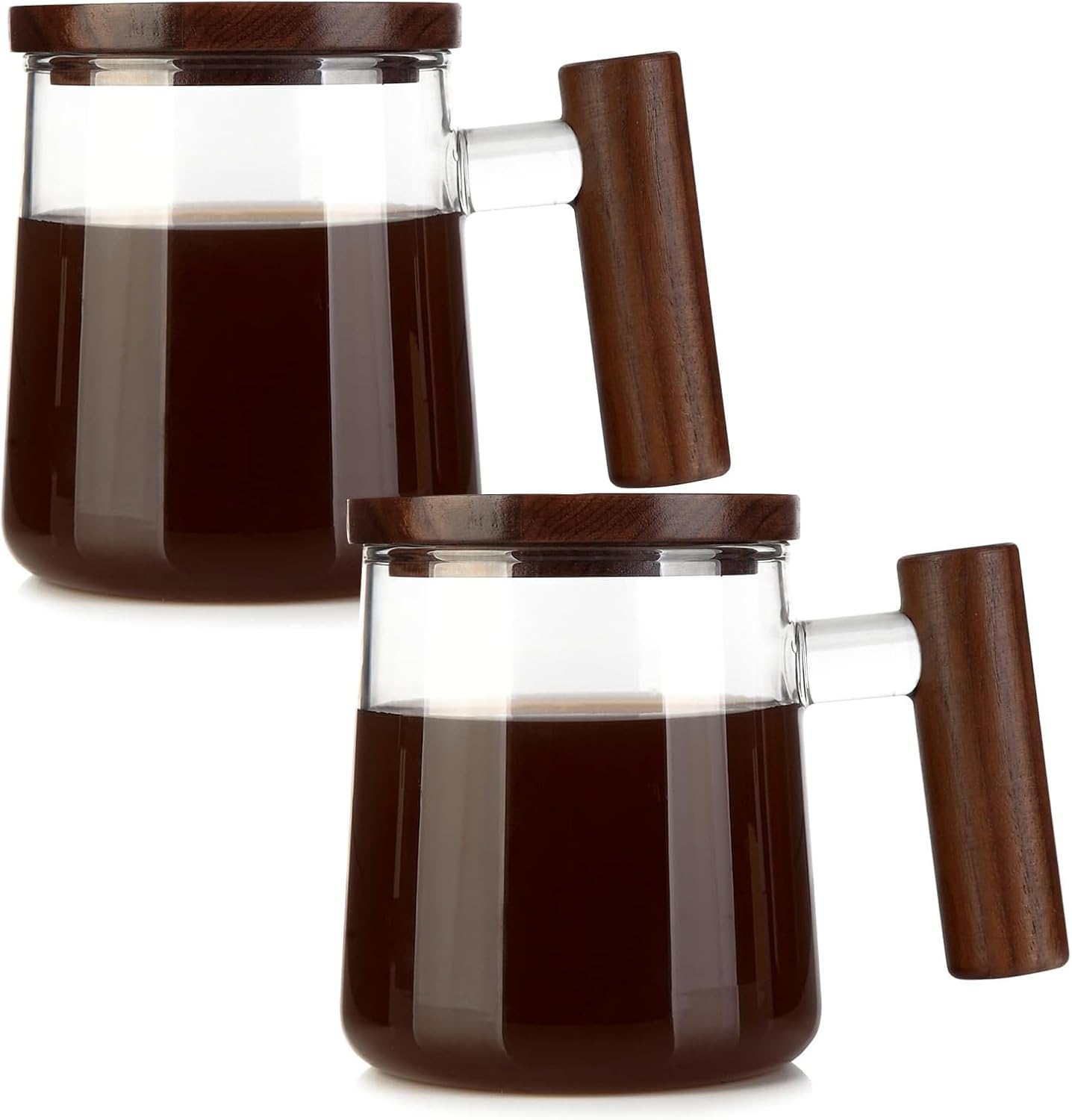 COMI Glass Coffee Mugs, Clear Coffee Mugs with Walnut Lid&Handle，Wide Mouth Extra Large Capacity Cup, Perfect for Latte, Mocha, Cappuccino, Tea and Juice, Microwave Safe(2PCS,15oz/450ml)