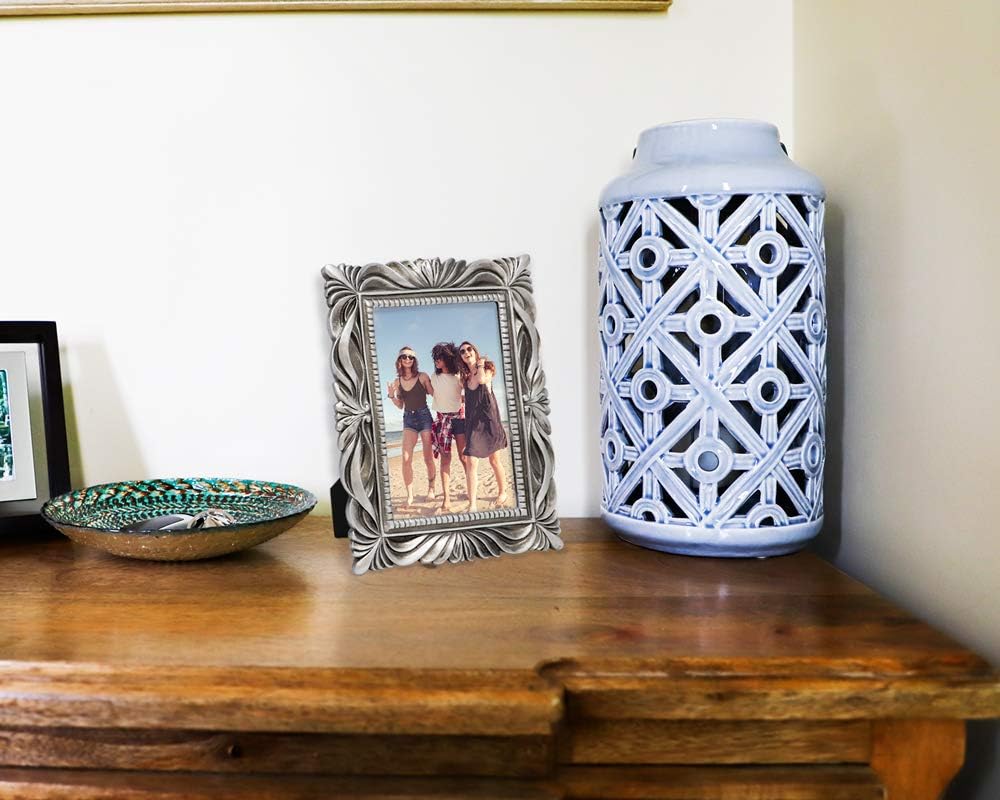 Isaac Jacobs 4x6 Silver Wave Textured Hand-Crafted Resin Picture Frame with Easel & Hook for Tabletop & Wall Display, Decorative Swirl Design Home Décor, Photo Gallery, Art, More (4x6, Silver)