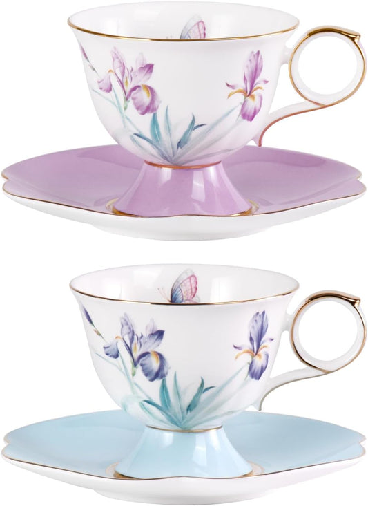KAMMAK Ceramic Coffee Cups Saucers Set of 2, Porcelain Espresso Cups with Saucers, 8.45 oz Handcrafted Elegant Bone China Tea Cups, Iris Flower & Butterfly Pattern Teacup for Party, Office, Gift