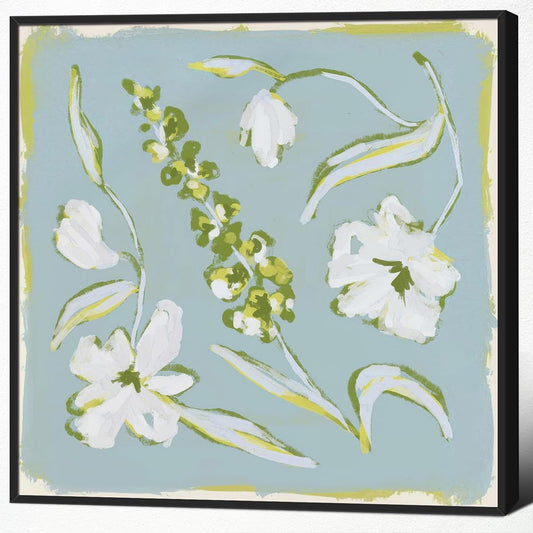 Flower Canvas Wall Art, Blue and Green Floral Aesthetic Poster, Chinoiserie Watercolor Botanical Print, Coastal Grandma Modern Southern Grandmillennial Plant Painting for Wall 16x16in Unframed