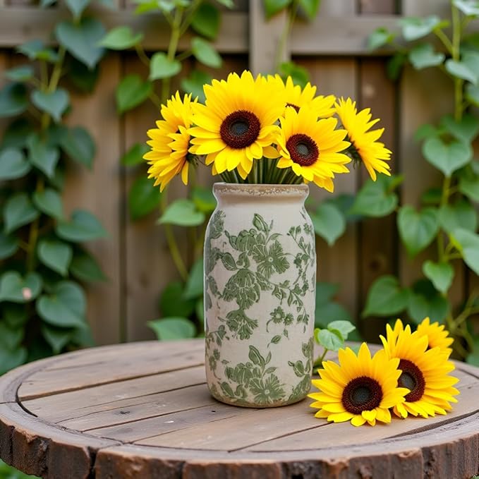 Vintage Green Floral Ceramic Vase, 8 Inch Crackle Glaze Rustic Handmade Vase, Decorative Pottery for Fresh or Dried Flowers, Farmhouse Cottage Modern Rustic Decor