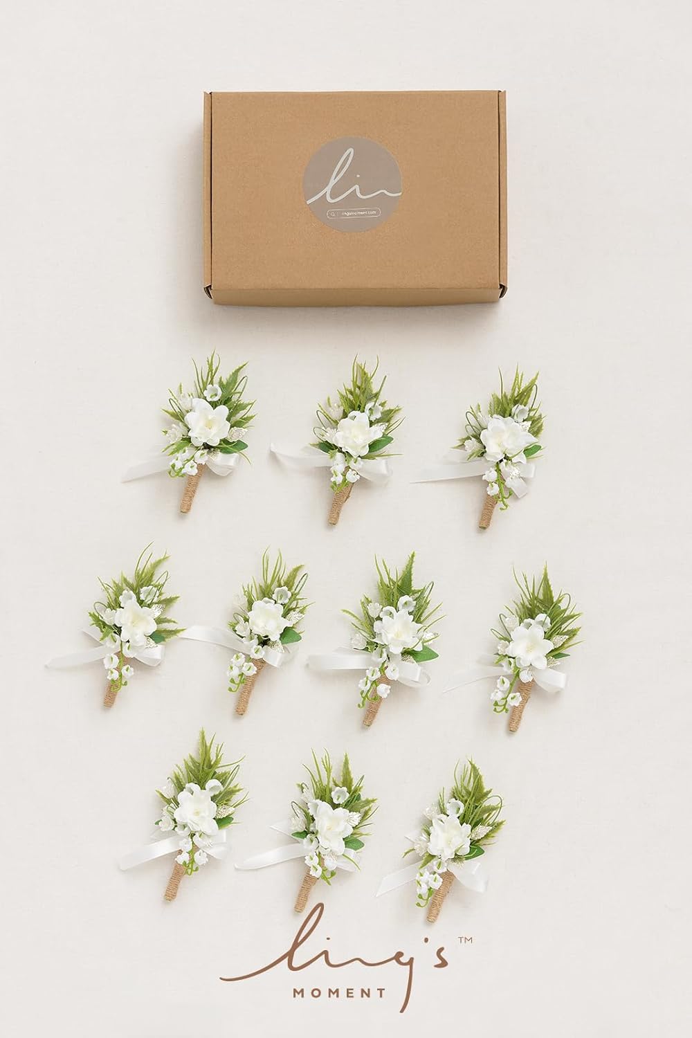 Ling's Moment Boutonniere for Men, 10pcs Groomsmen Guest Boutonniere, Artificial Flowers for Wedding Décor/Prom/Homecoming,etc.White Lily Valley