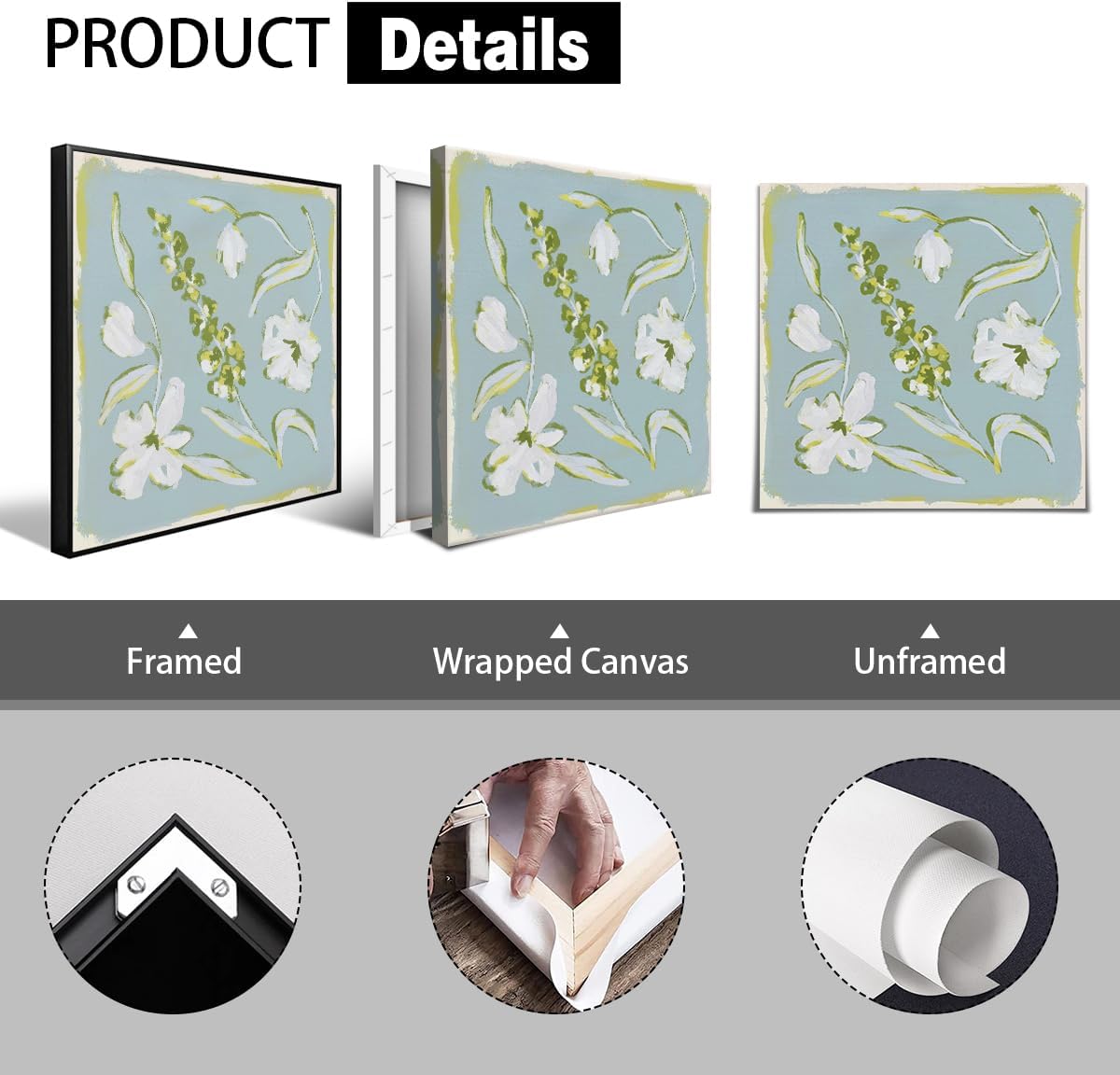 Flower Canvas Wall Art, Blue and Green Floral Aesthetic Poster, Chinoiserie Watercolor Botanical Print, Coastal Grandma Modern Southern Grandmillennial Plant Painting for Wall 24x24in Framed