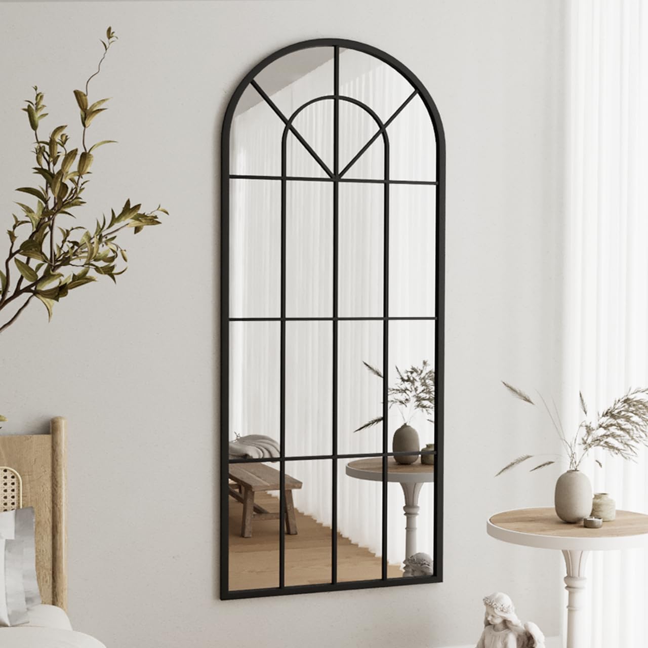 Full Length Mirror, 71"x32" Oversized Floor Mirror Full Length, Large Body Arched Wall Mounted Window Pane Mirrors, Standing Mirrors Hanging or Leaning for Bedroom (Black)
