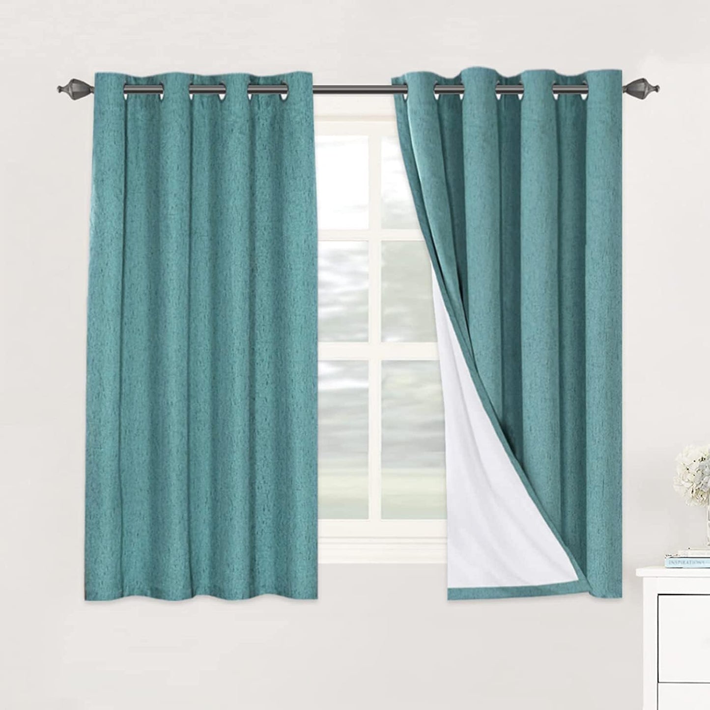 H.VERSAILTEX Linen Blackout Curtains 54 Inches Long 100% Absolutely Blackout Thermal Insulated Textured Linen Look Curtain Draperies Anti-Rust Grommet, Energy Saving with White Liner, 2 Panels, Teal