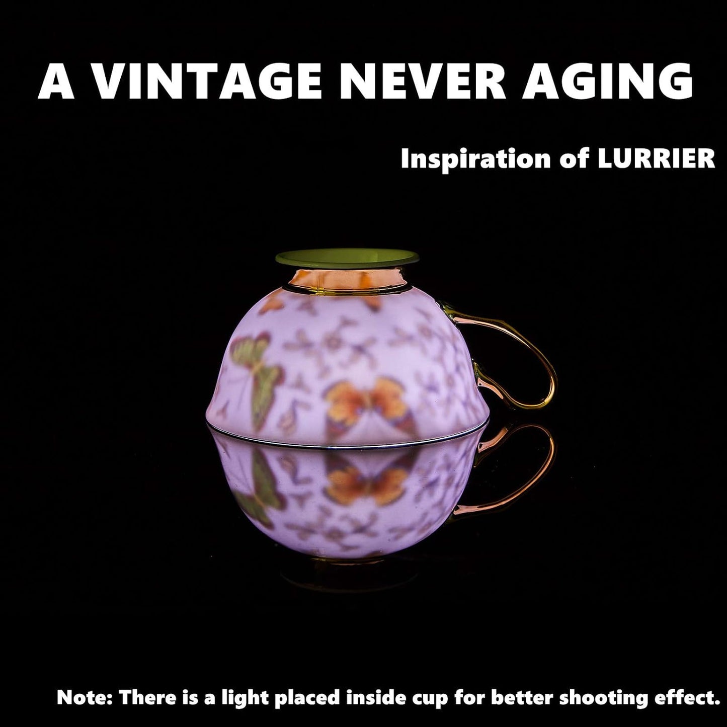 LURRIER Coffee Cup Mug with Saucer for Latte, Cappuccino Tea with Butterflies 6.8 Oz Fine Bone China, Dishwasher Safe, Reactive Glaze, 1 Pcs