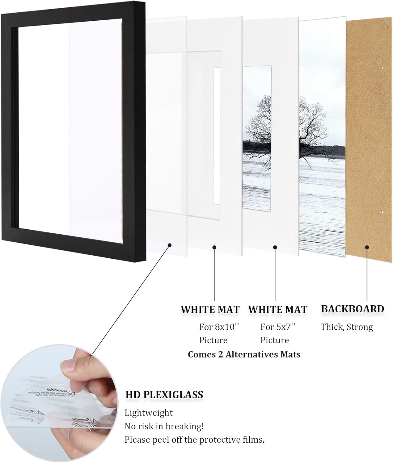 Egofine 11x14 Picture Frames Set of 4, Made of Solid Wood Covered by Plexiglass 5x7 and 8x10 with Mat or 11x14 without Mat, for Table Top Display and Wall Mounting Photo Frame Black