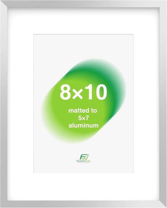 FrameWorks 8x10 Matted to 5x7 Picture Frame – Aluminum Frame w/Tempered Glass, Removable Mat for Photos, Posters, Art, Stylish Wall Frame for Home Decor, Gallery Walls, Office, Living Room - Silver
