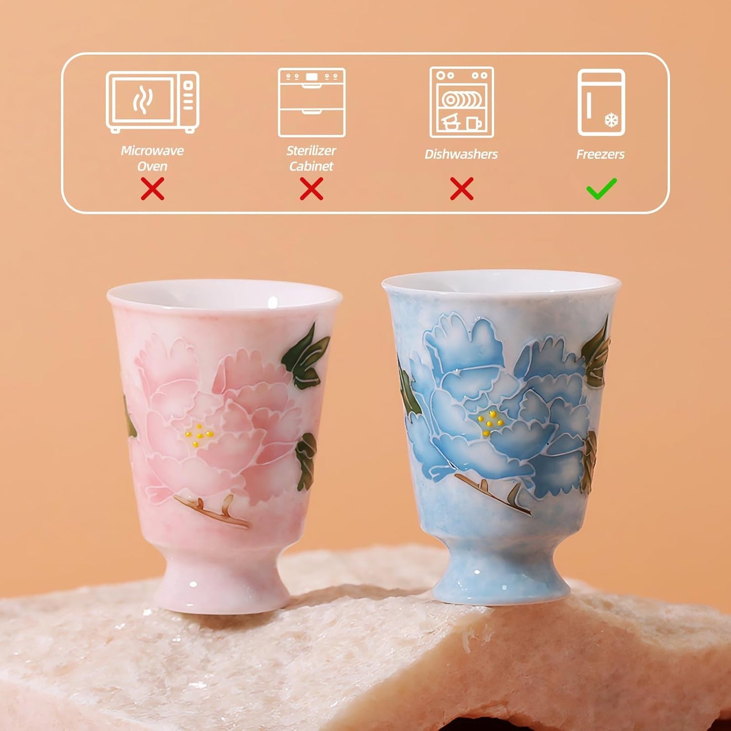 KAMMAK Ceramic Tea Cups Small, Cute Vintage Coffee Cup Set of 2, Porcelain Teacups Espresso Mug, 1.7oz Hand Painted Chinese Afternoon Tea Party Mugs, Birthday Gift for Women Men, Hand-Piled Peony