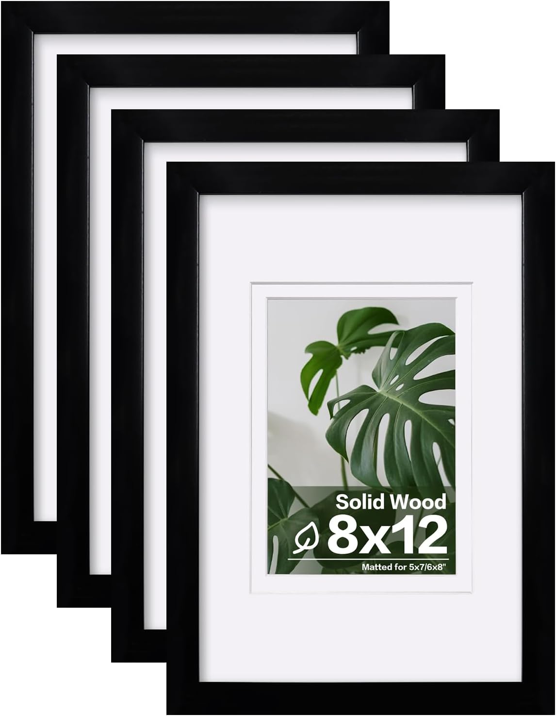 Egofine 8x12 Picture Frames Set of 4, Made of Solid Wood Covered by Plexiglass 5x7 and 6x8 with Mat or 8x12 without Mat, for Table Top Display and Wall Mounting Photo Frame Black