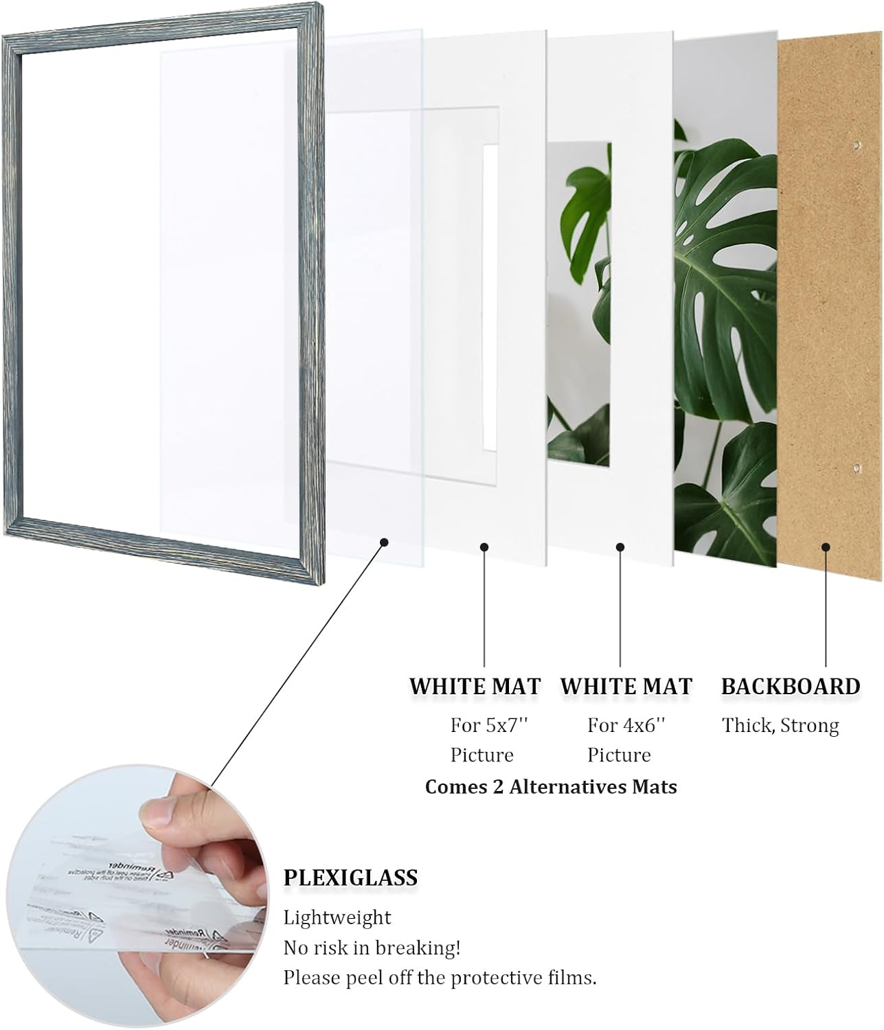 Egofine 8x10 Picture Frames Set of 4, Made of Solid Wood Covered by Plexiglass 4x6 and 5x7 with Mat or 8x10 without Mat, for Table Top Display and Wall Mounting Photo Frame Rustic Blue