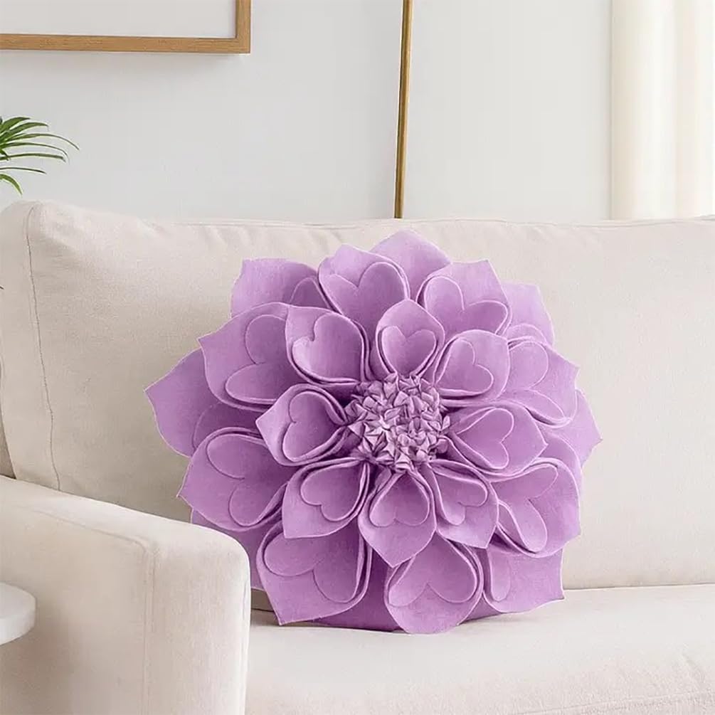 Fennco Styles Handmade 3D Heart-Shaped Petals Flower Decorative Throw Pillow Cover Only - 13" Round Lilac Floral Pillow Case for Couch, Home Décor and Holiday, Housewarming Gift
