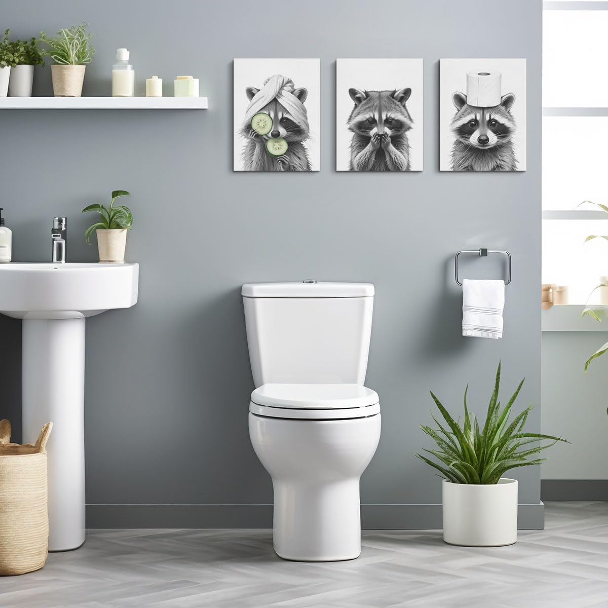 HZMLYDJ 3Pcs Adorable Raccoon Bathroom Wall Art, Modern Black and White Animal Wall Decor Funny Bathroom Sign Wood Rustic Farmhouse Interestring Washroom laundry room Decorations Animal Prints Wall